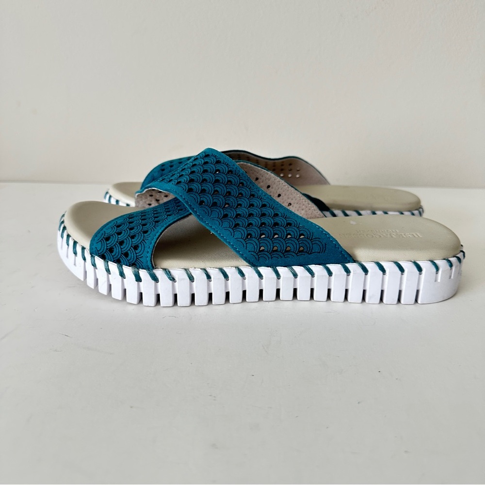NEW Ilse Jacobsen Tulip 1575 Teal Slide Sandals with White Soles, Sz  8.5